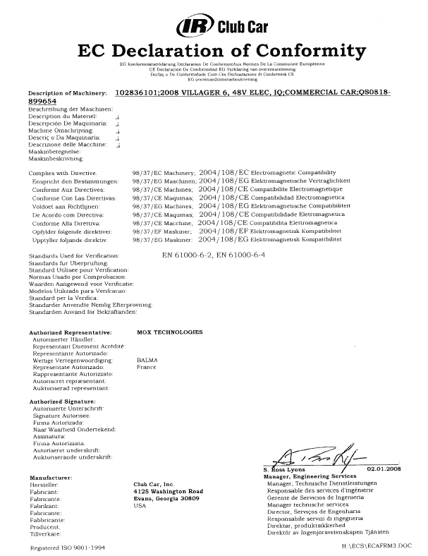 Picture of 2008 - CLUB CAR - VILLEGER 6 -  Declaration of Conformity